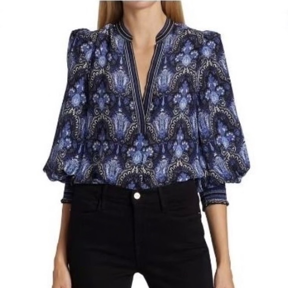 Alice + Oliva Shelia 100% Silk Blouson sleeve blouse blue black size XS - Picture 1 of 7